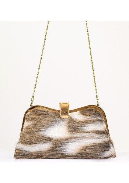 Kahverengi Desenli Suni Kürk Zincirli El ve Omuz Clutch Portföy Çanta