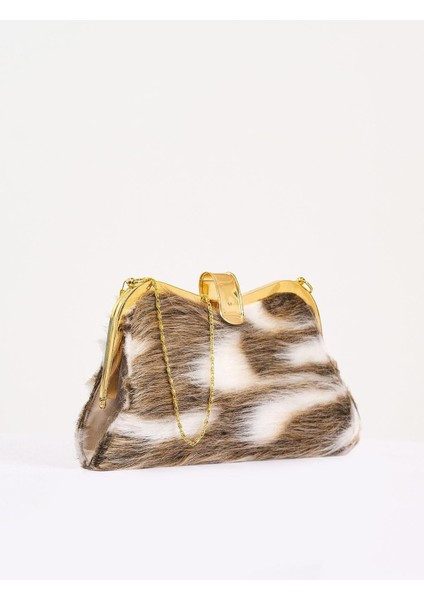 Kahverengi Desenli Suni Kürk Zincirli El ve Omuz Clutch Portföy Çanta fiyatları