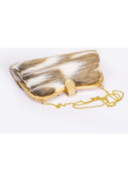 Kahverengi Desenli Suni Kürk Zincirli El ve Omuz Clutch Portföy Çanta modelleri