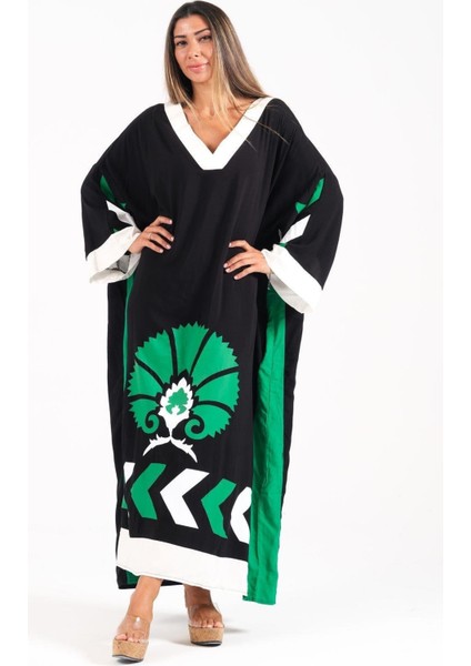 Siyah V Yaka Yarasa Kol Cepli Oversize Uzun Elbise