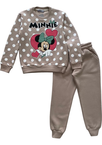 Kız Çocuk Kışlık Pamuklu Şardonlu Bej Minnie Desenli Eşofman Takımı