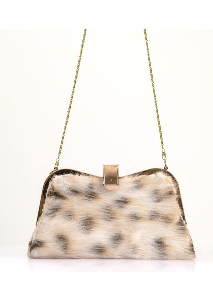 Bej Suni Kürk Zincirli El ve Omuz Clutch Portföy Çanta