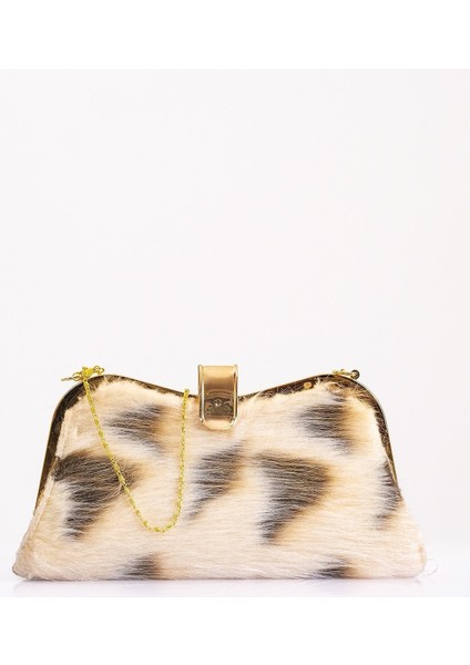 Bej Desenli Suni Kürk Zincirli El ve Omuz Clutch Portföy Çanta modelleri