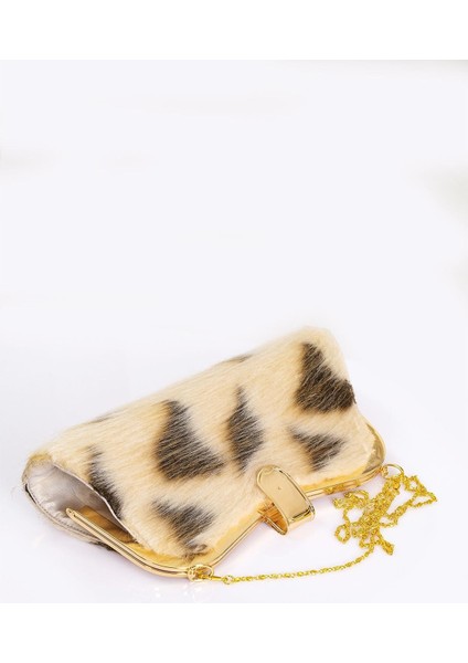 Bej Desenli Suni Kürk Zincirli El ve Omuz Clutch Portföy Çanta fırsatları