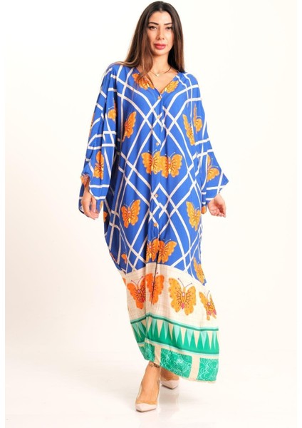 Mavi Kelebek Desenli V Yaka Yarasa Kol Cepli Oversize Uzun Gömlek Elbise