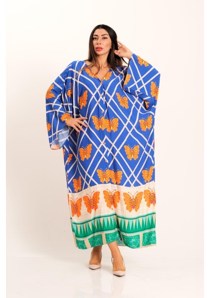 Mavi Kelebek Desenli V Yaka Yarasa Kol Cepli Oversize Uzun Gömlek Elbise fiyatları