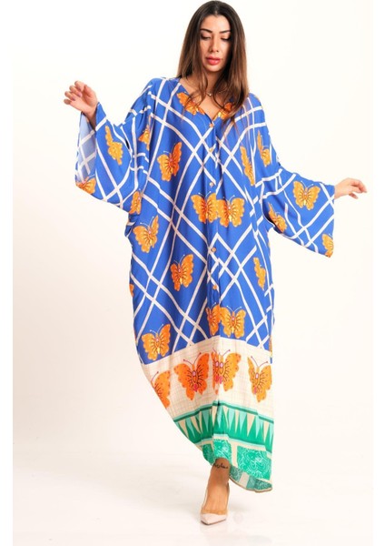Mavi Kelebek Desenli V Yaka Yarasa Kol Cepli Oversize Uzun Gömlek Elbise modelleri