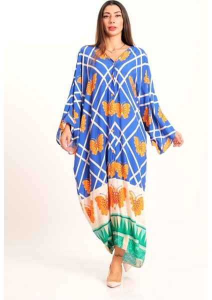 Mavi Kelebek Desenli V Yaka Yarasa Kol Cepli Oversize Uzun Gömlek Elbise fırsatları
