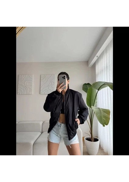 Unisex Içi Astarlı Düz Bomber Ceket - Siyah fiyatları