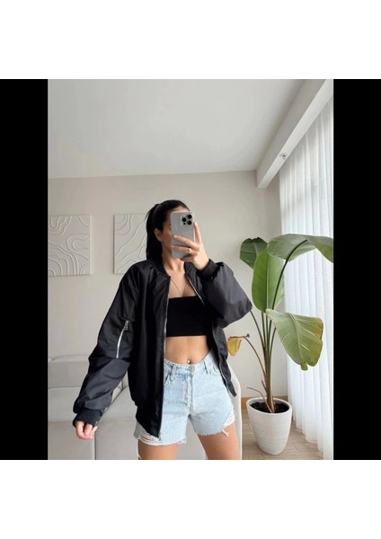 Unisex Içi Astarlı Düz Bomber Ceket - Siyah fırsatları