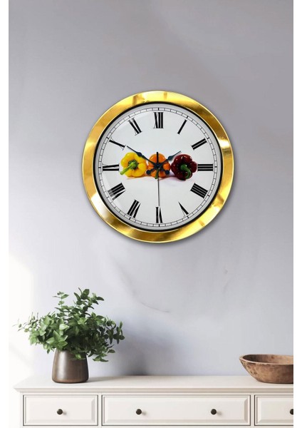 33 x 44 Hediyelik 36 cm Gold Metal Mutfak Duvar Saati Çok Renkli Geometrik