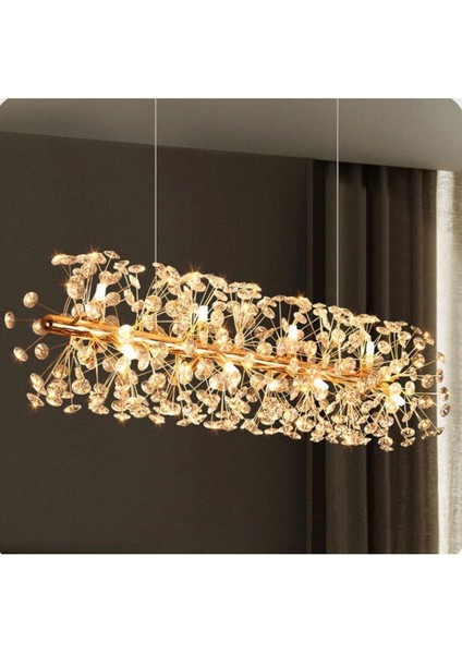 Luxury Collection Modern Sarkıt Kristal Taşlı Avize Yemek Masası Elips Gold Sarı 100 cm