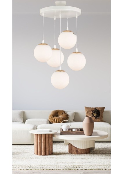 Sarkıt Tepsi Beyaz 5'li Beyaz Glop Camlı Düz Aşağı Bakan Lüks Avize