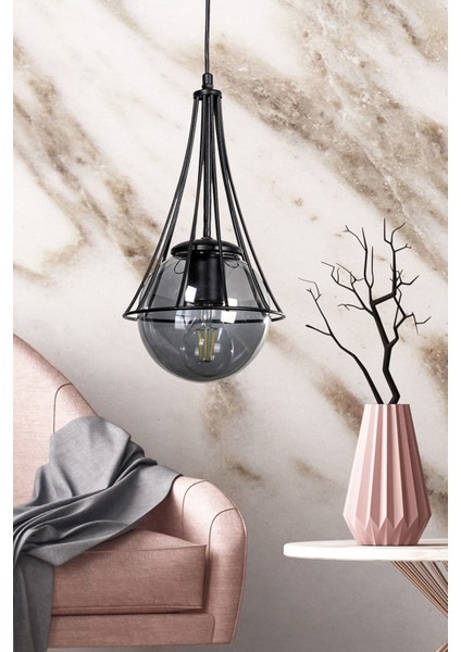 Lapis Tekli Siyah-Füme Glop Camlı Avize