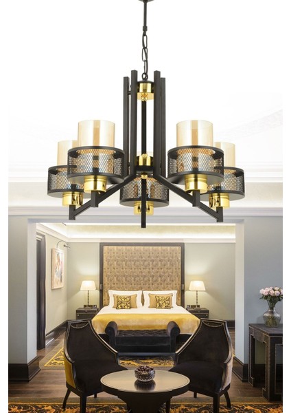Sarp 5 Li Modern (Siyah Gold) Bal Camlı Salon Yatak Odası Mutfak Genç Odası Avize