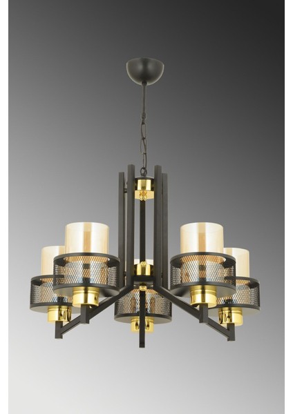 Sarp 5 Li Modern (Siyah Gold) Bal Camlı Salon Yatak Odası Mutfak Genç Odası Avize