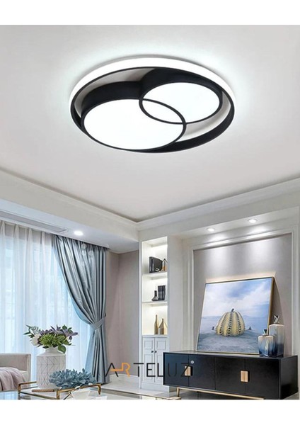 Modern Çift Yuvarlak Model Plafonyer LED Avize Tavan Model 3 Renk Avize Salon LED Lambası Kumandalı