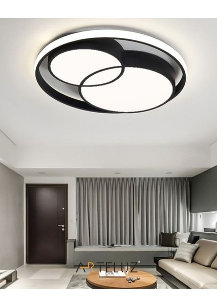 Modern Çift Yuvarlak Model Plafonyer LED Avize Tavan Model 3 Renk Avize Salon LED Lambası Kumandalı