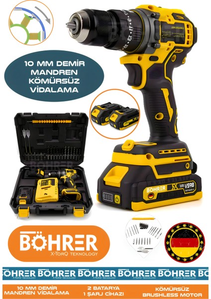 Alman Çift Akülü V298 5AH Yellow 10MM Demir Mandren Darbeli Vidalama Matkap