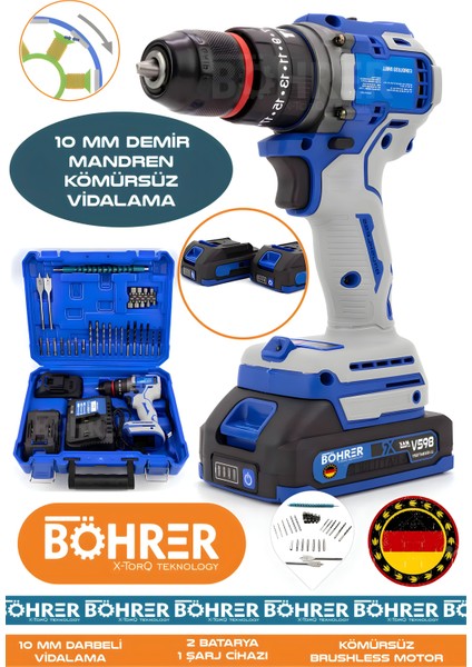 Alman Çift Akülü V298 5AH Blue 10MM Demir Mandren Darbeli Vidalama Matkap