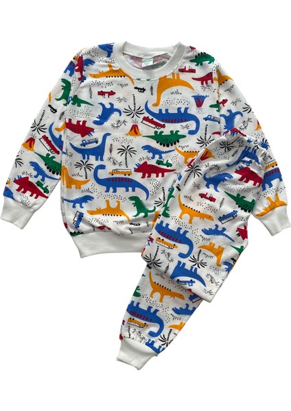 Erkek Çocuk Pamuklu 2 Iplik Beyaz Dinazor Desen Pijama Takımı fırsatları