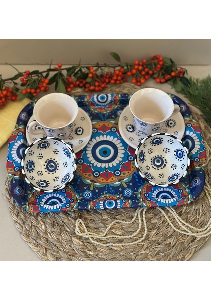 Nazar Boncuk İşlemeli 2 li Kahve Fincanı-Lokumluk-Tepsi / 5 li Set
