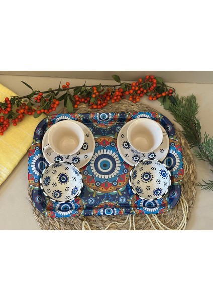Nazar Boncuk İşlemeli 2 li Kahve Fincanı-Lokumluk-Tepsi / 5 li Set fiyatları