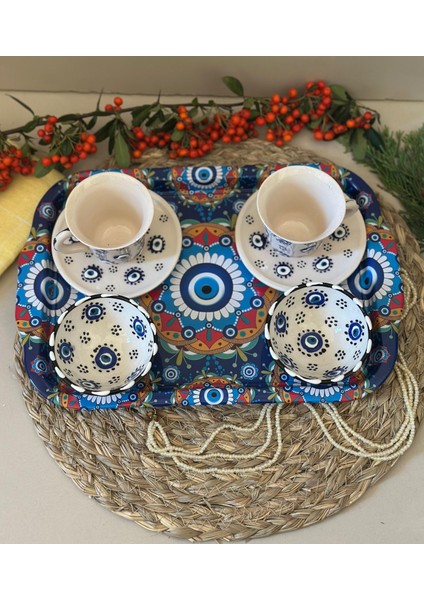 Nazar Boncuk İşlemeli 2 li Kahve Fincanı-Lokumluk-Tepsi / 5 li Set modelleri