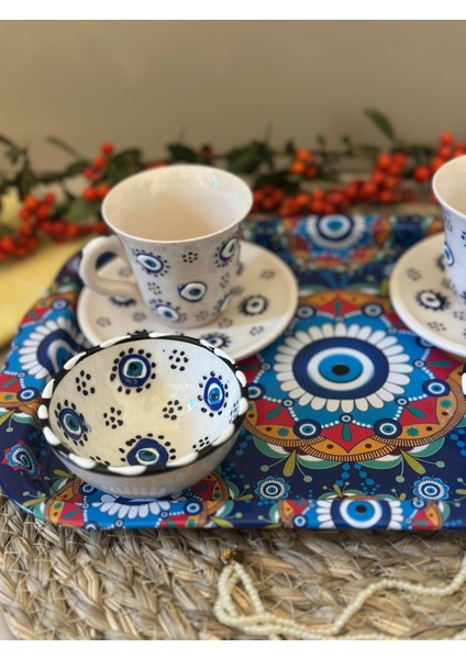 Nazar Boncuk İşlemeli 2 li Kahve Fincanı-Lokumluk-Tepsi / 5 li Set fırsatları
