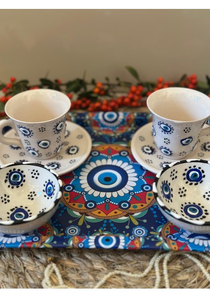 Nazar Boncuk İşlemeli 2 li Kahve Fincanı-Lokumluk-Tepsi / 5 li Set indirimleri
