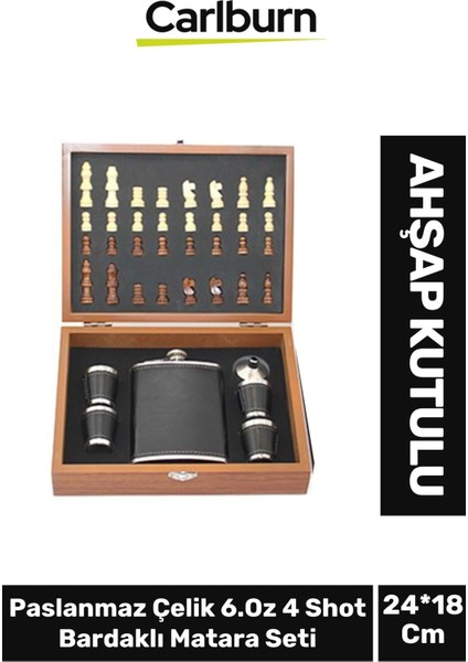 Premium Paslanmaz Çelik 8.oz 4 Shot Bardaklı Ahşap Kutulu Satrançlı Alkol Deri Matara Seti 24*18 cm