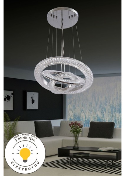 Kristal 3 'lü Sarkıt Krom 3 Renk Işıklı Ultra Ledli Avize