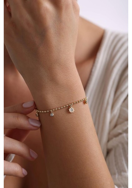 14 Ayar Altın Toptop Güneşli Tasarım Bileklik