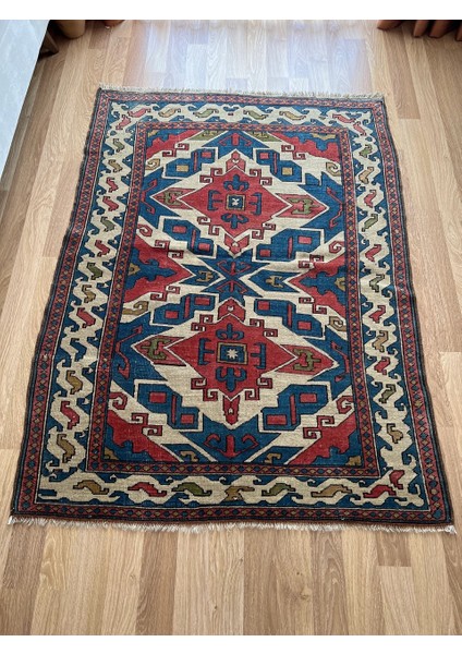 133x181 Cm El Dokuma Kırmızı Ve Mavi Dekoratif Boho Stili Geometrik Desenli Anadolu Kilim