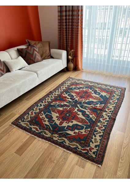 133x181 Cm El Dokuma Kırmızı Ve Mavi Dekoratif Boho Stili Geometrik Desenli Anadolu Kilim