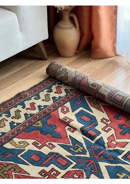 133x181 Cm El Dokuma Kırmızı Ve Mavi Dekoratif Boho Stili Geometrik Desenli Anadolu Kilim