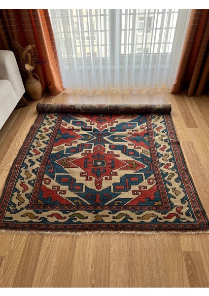 133x181 Cm El Dokuma Kırmızı Ve Mavi Dekoratif Boho Stili Geometrik Desenli Anadolu Kilim