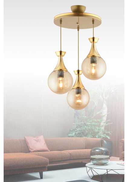 Minel 3 Lü Sarkıt Tepsi Eskitmeye Gold Yaldızlı Glop Camlı Avize