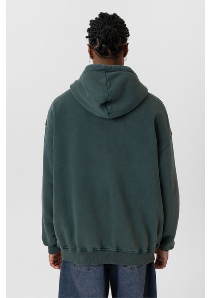 Yıkamalı Fermuarlı Oversıze Sweatshırt Yeşil