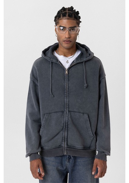 Yıkamalı Fermuarlı Oversıze Sweatshırt Siyah