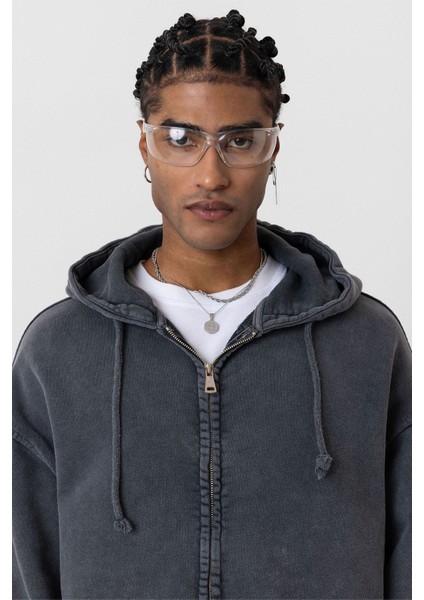 Yıkamalı Fermuarlı Oversıze Sweatshırt Siyah modelleri