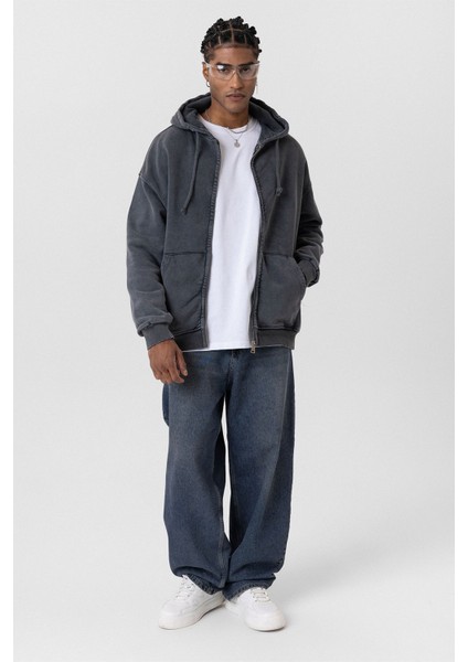 Yıkamalı Fermuarlı Oversıze Sweatshırt Siyah fırsatları