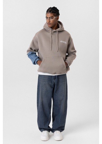 Kapüşonlu Kol Detaylı Oversıze Sweatshırt Vizon