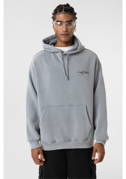 Yıkamalı Sırt Baskılı Oversıze Sweatshırt Açık Gri