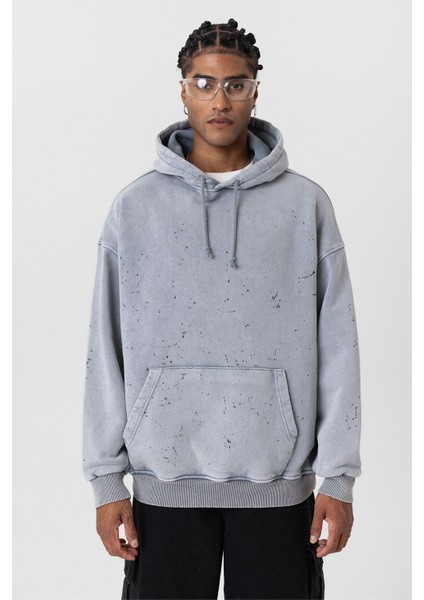 Yıkamalı Kapüşonlu Oversıze Sweatshırt Gri