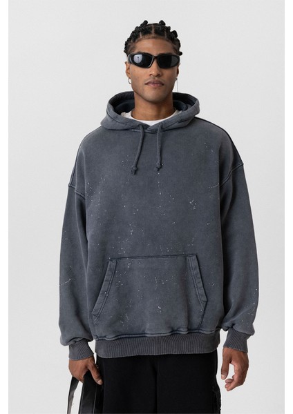 Yıkamalı Kapüşonlu Oversıze Sweatshırt Siyah