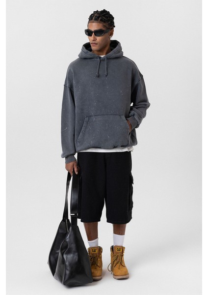 Yıkamalı Kapüşonlu Oversıze Sweatshırt Siyah fırsatları