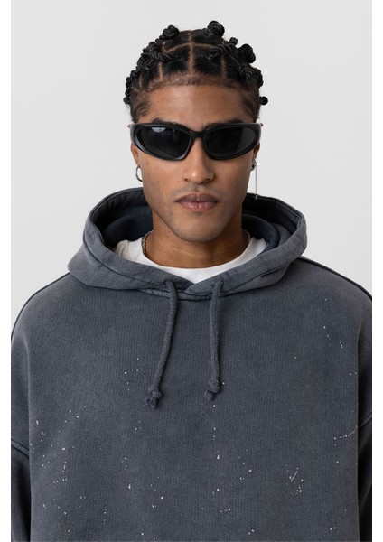 Yıkamalı Kapüşonlu Oversıze Sweatshırt Siyah indirimleri