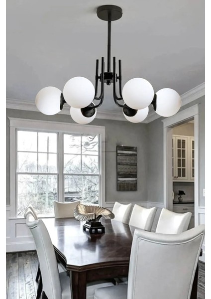 Tanya Modern Tasarım Mutfak - Salon - Yatak Odası - Tavan Siyah Renk Beyaz Camlı 6 Lı Avize