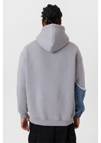Kapüşonlu Kol Detaylı Oversıze Sweatshırt Buz Gri